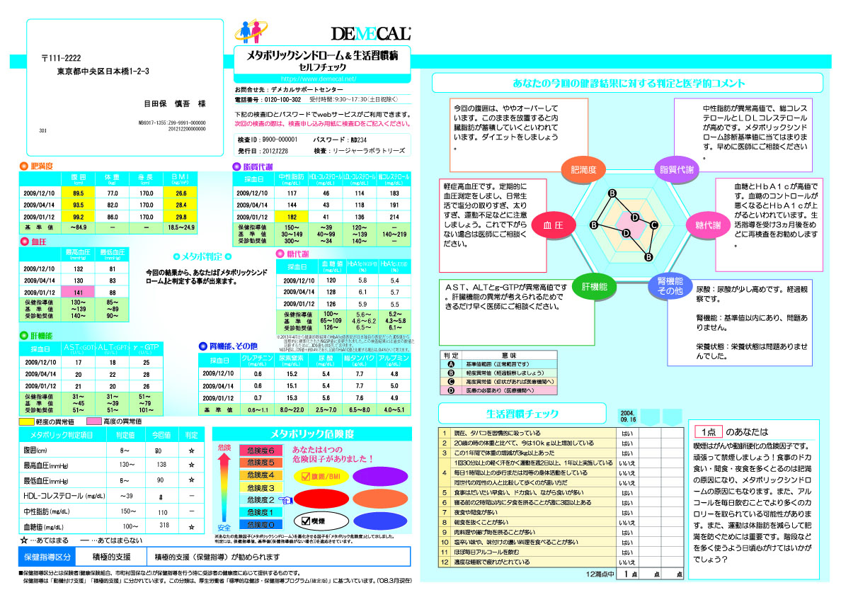 メタボ＆生活習慣病の結果サンプル表